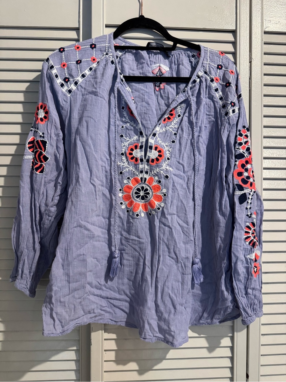 Antik Batik Embroidered Cotton Gauze Boho Blouse Periwinkle L 42